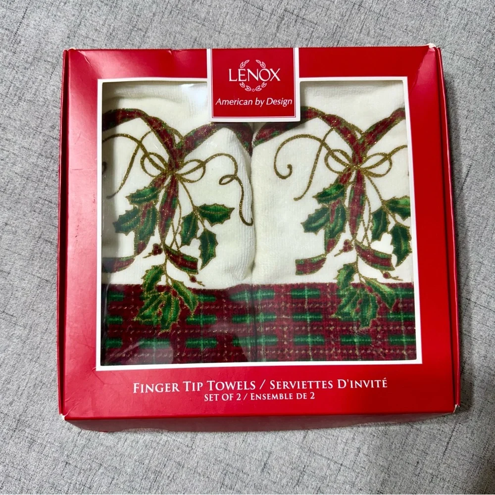 3 Lenox Christmas Hand Towels Holiday Nouveau Finger Tip Holly Tartan Plaid NWT